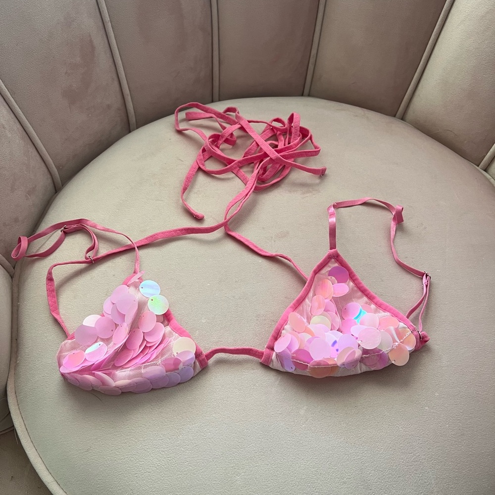 Pink Sequin Triangle Bikini Bra Top